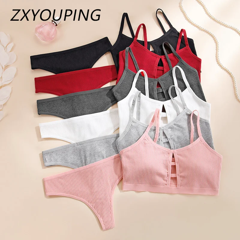 Wireless Cotton Bras for Women Threaded Cotton Wrap Underwear Triangle Cotton Bra Stretch Thin Unpadded Bra and Panties Set