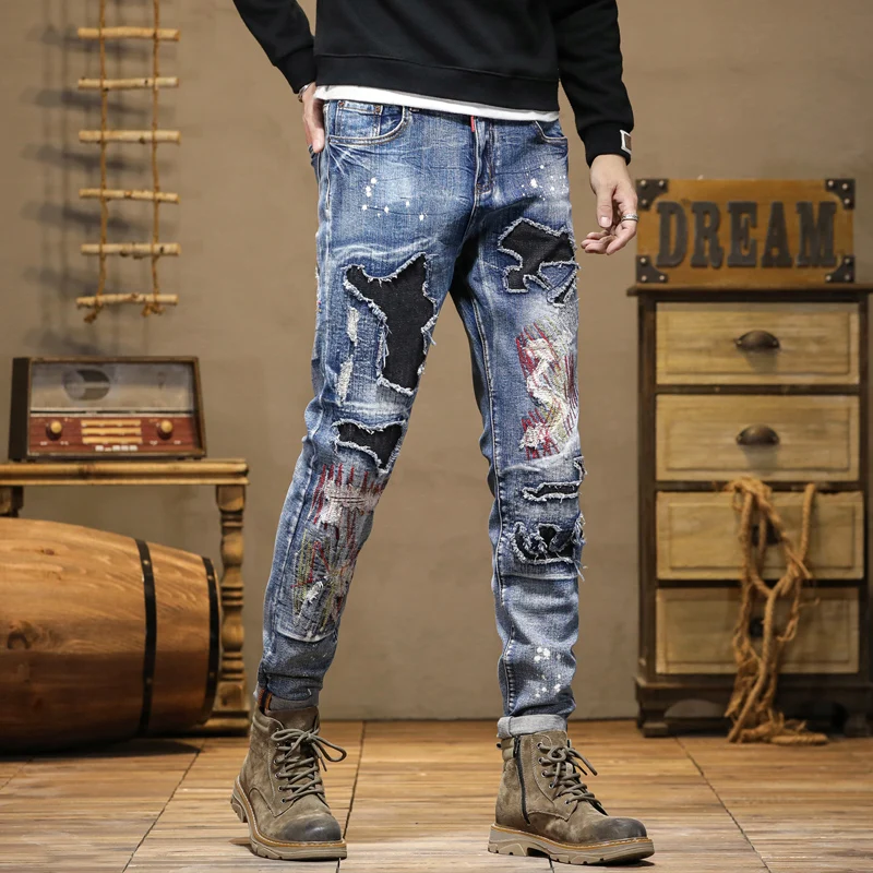 Street biker high-end men's jeans personalized color collision splicing embroidery men's pants small straight pants