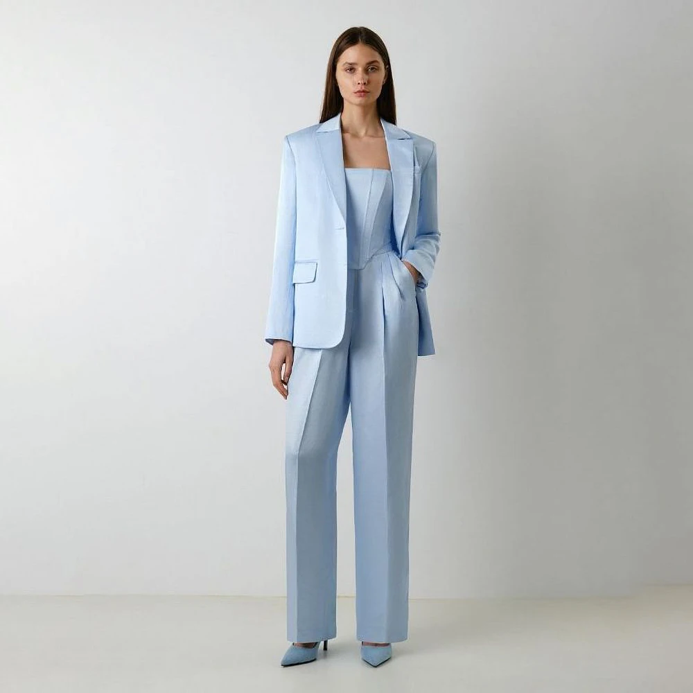 Summer Solid Women Suits Two Piece Elegant Peak Lapel One Button Wear Fashion Party Casual Office Daily Female Pants Sets