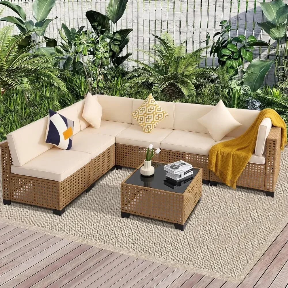 

7 Piece Outdoor Patio Furniture Set, Outdoor Sectional Furniture, Rattan Chairs Glass Table Sectional Sofa with Cushions