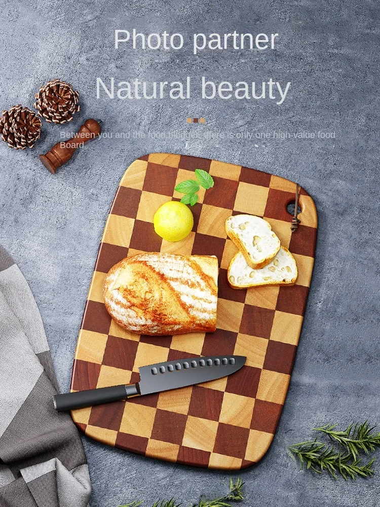 Ebony/rubberwood wood chopping board, antibacterial and mildew household kitchen double-sided checkerboard chopping board