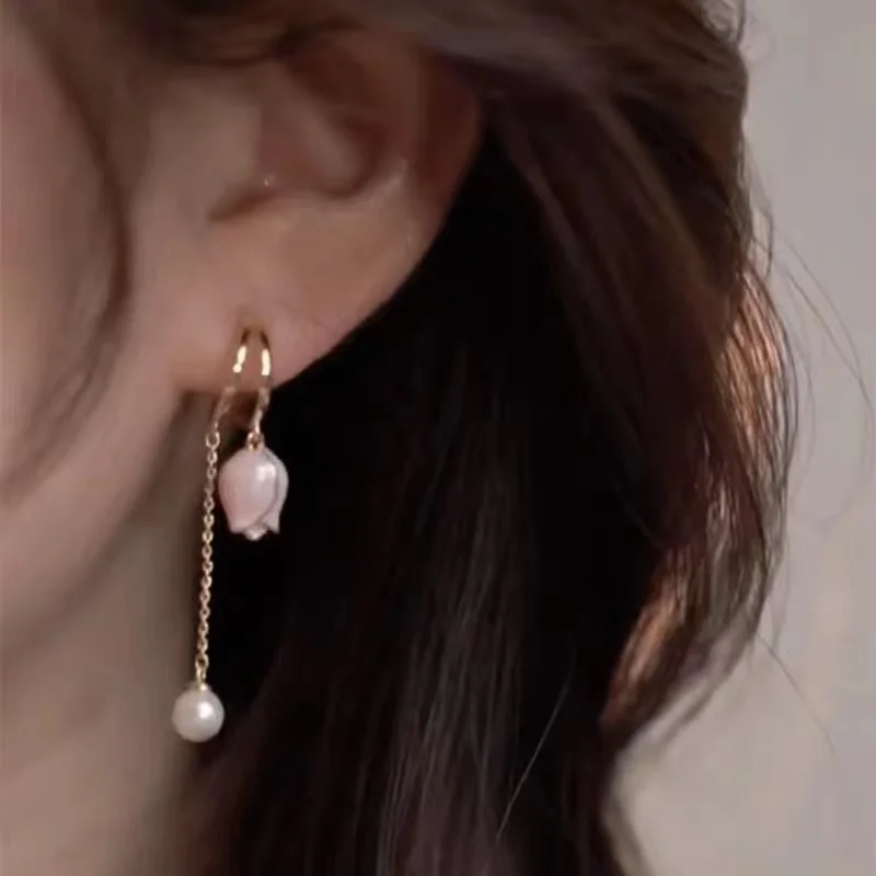 2023 New Korean Elegant Irregular Pink Tulip Long Tassel Earrings For Women Fashion Imitation Pearl Jewelry Gifts