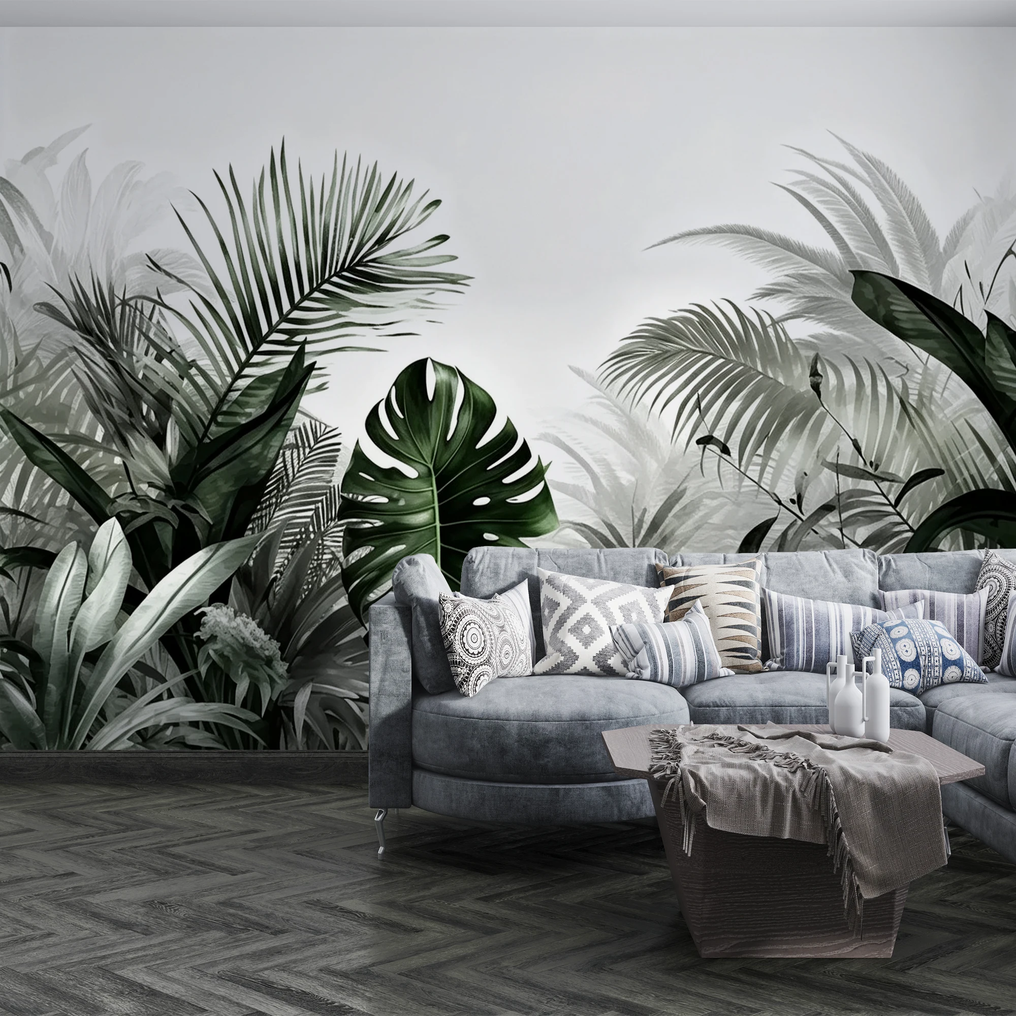 Black White Green Tropical Leaf Mural Wallpaper Monstera Palm Leaf Wall Mural Home Decor