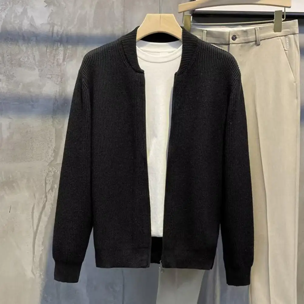 Мужской вязаный кардиган, теплый свитер с двойной молнией в полоску, приталенный свитер, повседневный универсальный трендовый свитер с бейсбольным воротником, пальто
