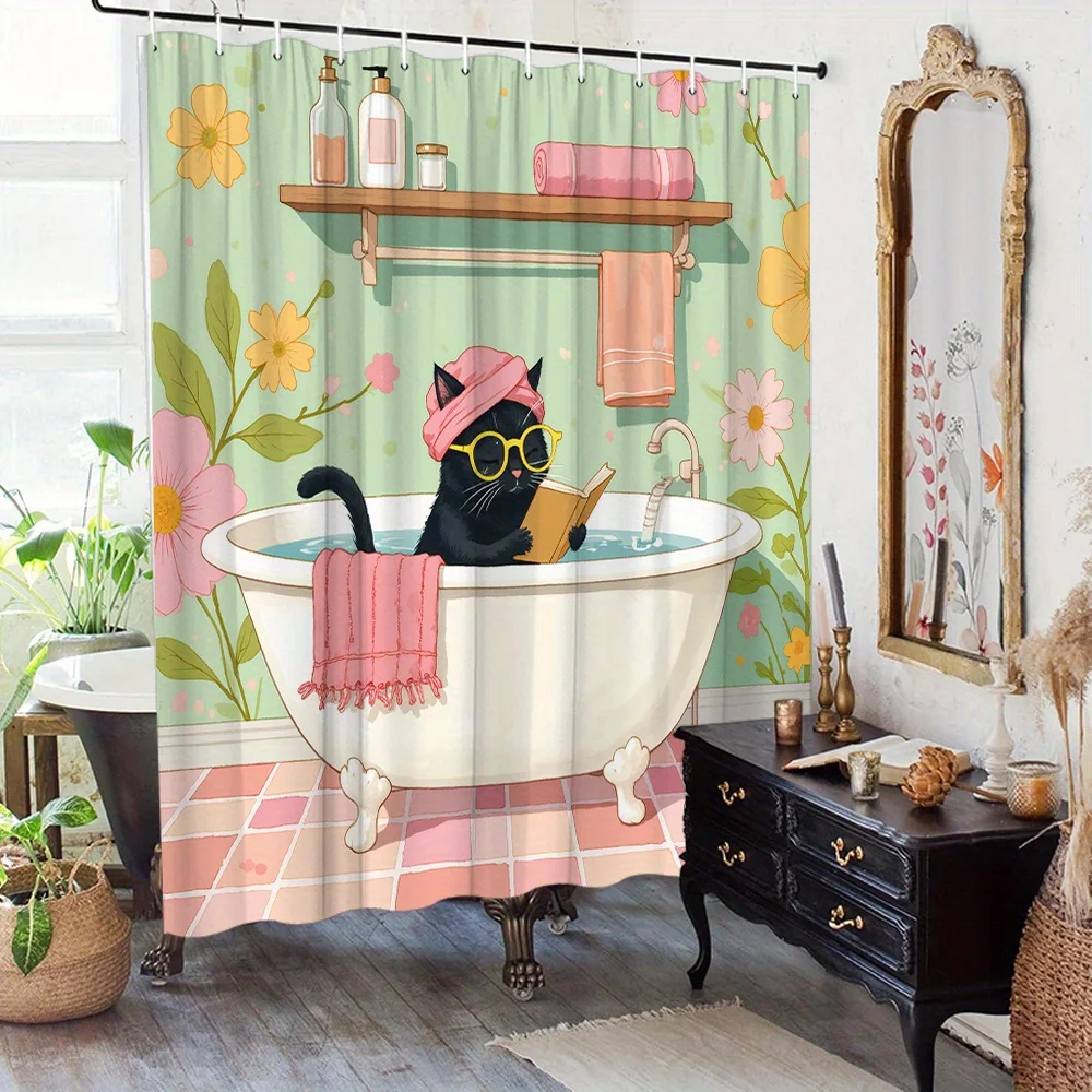 

Bathing Cat Shower Curtain Black Kitty in Tub with Towel Print Waterproof Polyester Bathroom Decor