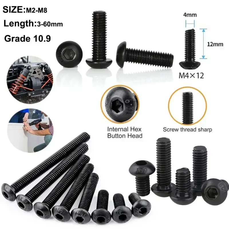 5 ~ 50 pz M2 M2.5 M3 M4 M5 M6 M8 Nero Grado 10.9 Acciaio ISO7380 Esagonale Esagono Incassato Testa Pulsante Fungo Allen Bullone Vite