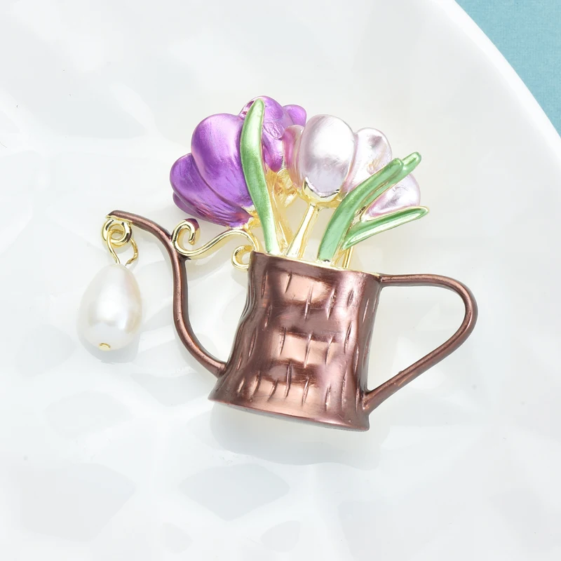 Wuli&baby Beauty Flower Watering Pot Brooches For Women Unisex High Quality Enamel Pearl Kettle Party Casual Brooch Pins Gifts