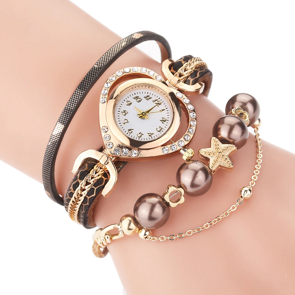 High Quality Women Bracelet Watches With Pearl Pendant  Luxury Ladies Leather Quartz Rhinestone Wristwatches Clock