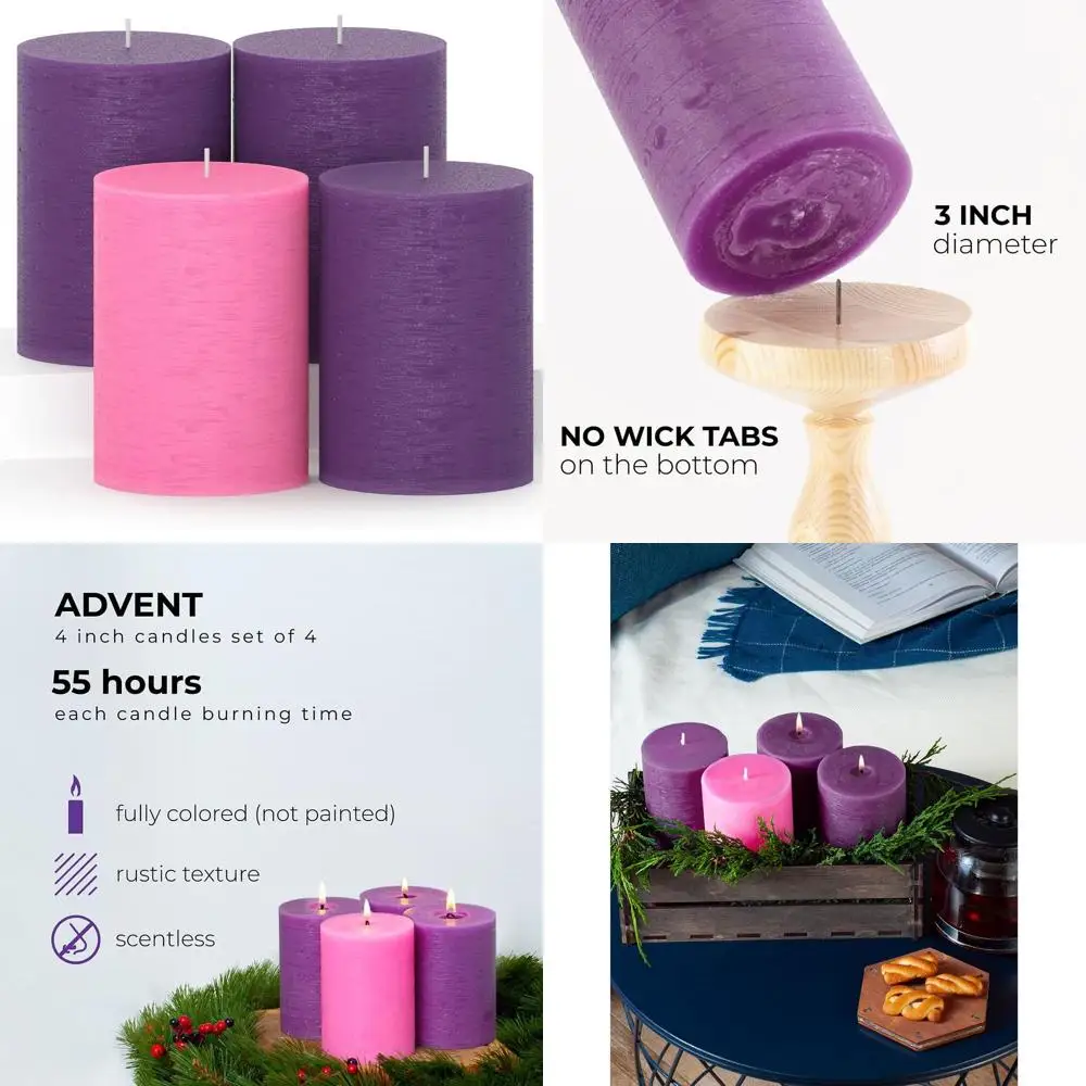 

3x4 Inch Advent Pillar Candles Set of 4 - Long Burning Dripless Unscented Pillar Candles - Rustic Style for Advent Wreaths, Chri