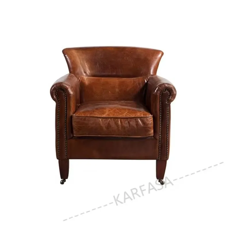 Classic Genuine Leather Single Sofa Wood Frame European-American Design for Living Room Office | High Quality Luxury Furniture