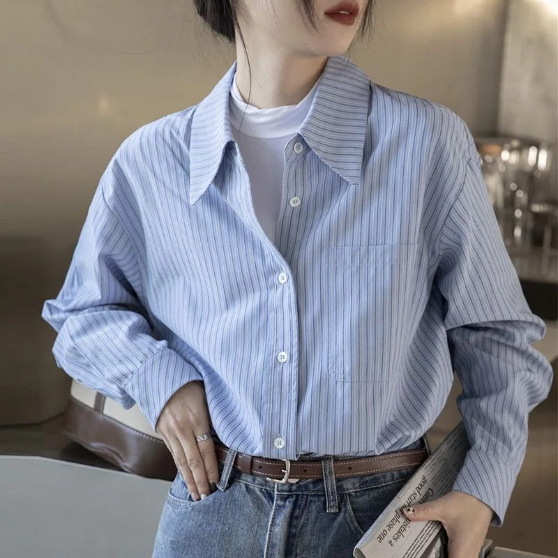 

Solid Striped Loose Long Sleeve Women's irt Commute Leisure Top Korean Version Breathable Taple Collar Thin Material Women Top