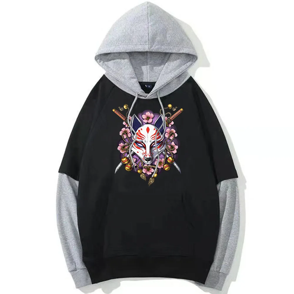 Kitsune Fox Mask Hoodie Men/Women Patchwork Sweatshirt Anime Graphic Hoody Japanese Style Pullovers Manga Printing Clothing