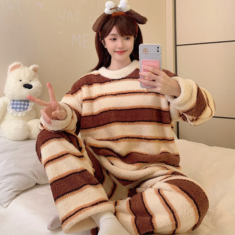 

Thickened Half-Pile Pajamas Women's Stripe Plus Size Round Neck Loose Comfortable Suit Autumn Winter Girl's Student Sleepcoat