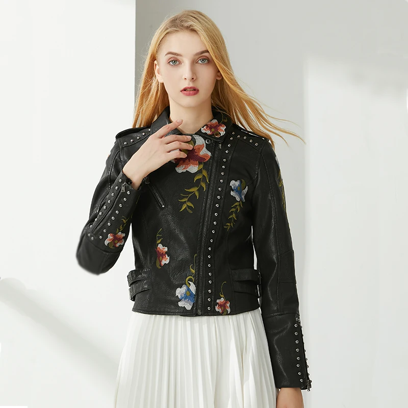 Fitaylor Spring Autumn Women Faux PU Leather Jacket Casual Lady Rivet Floral Embroidery Leather Jacket