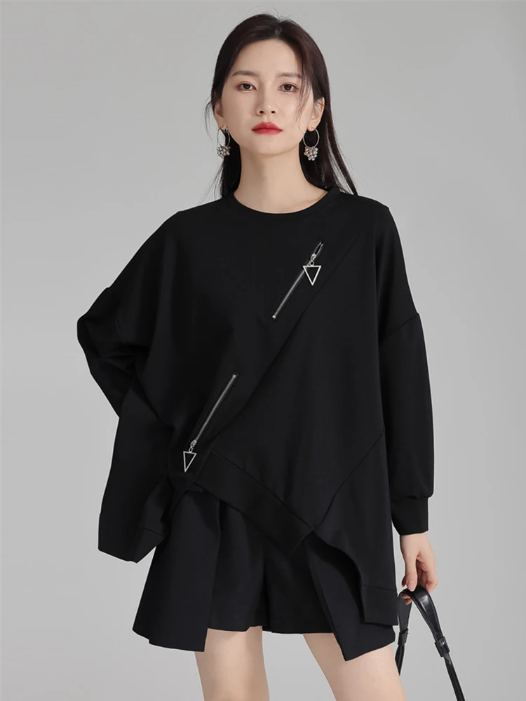 [EAM] Black Irregular Hem Zipper Sweatshirt New Round Neck Long Sleeve Women Big Size Fashion Tide Spring Autumn 2023 1DH4308