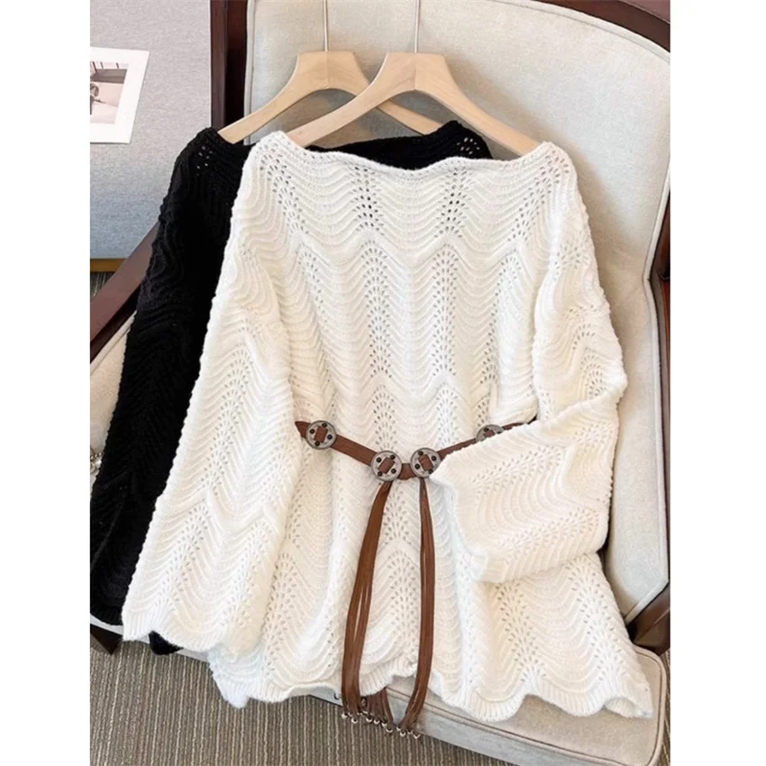 2025 Spring Autumn Women Sashes Sweaters Korean Style Girl Long Sleeve Hollow Out knitted Tops Female Pullovers Bottomings 2415