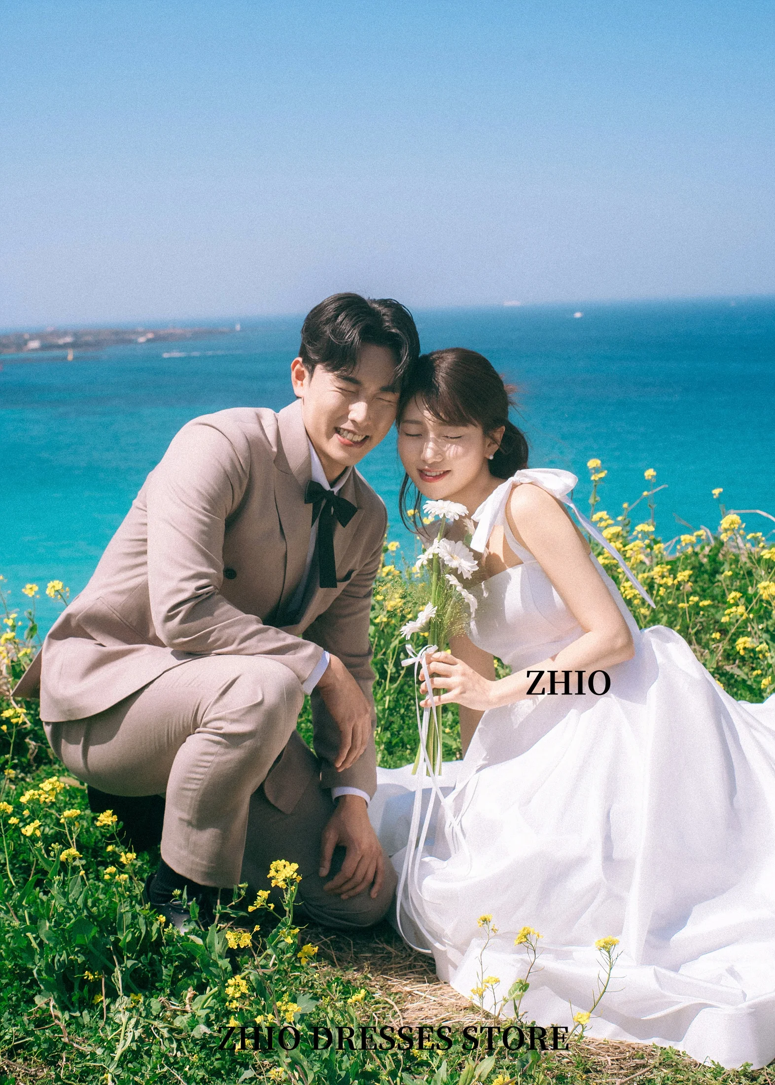 ZHIO Beach Spaghetti Korean Wedding Outdoor Wedding Dress Sleeveless Backless Satin Floor Wedding Photo Shoot Customized 제주 섬