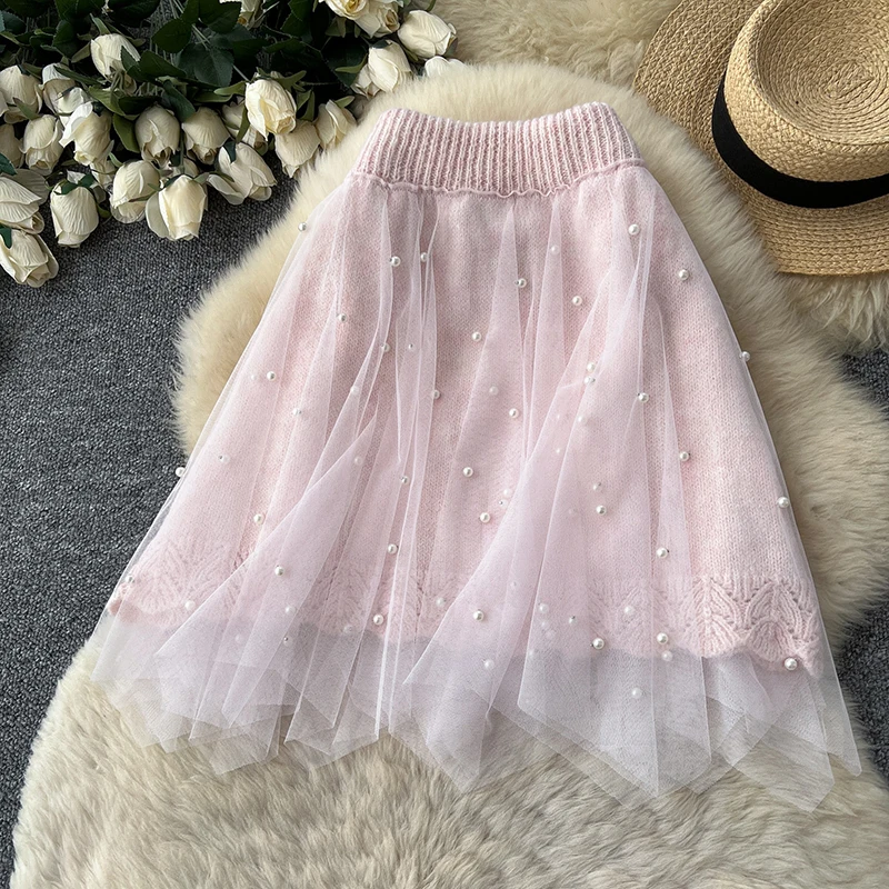 Women's Skirt Korean Style Mesh Knit Patchwork Tulle Mini Sexy Skirt Beading High Waist A-Line Pleated Fall Spring Faldas SK154
