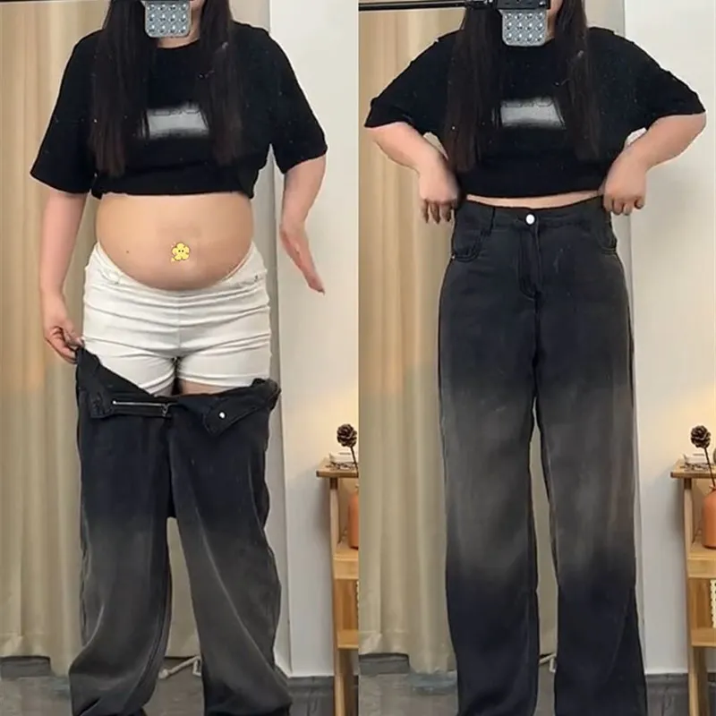 Calças Jeans Femininas Plus Size de Seda Gelada com Degradê, Finas, Soltas, Modeladoras, Disfarçadoras e com Caimento Fluido, Perna Larga, para o Verã