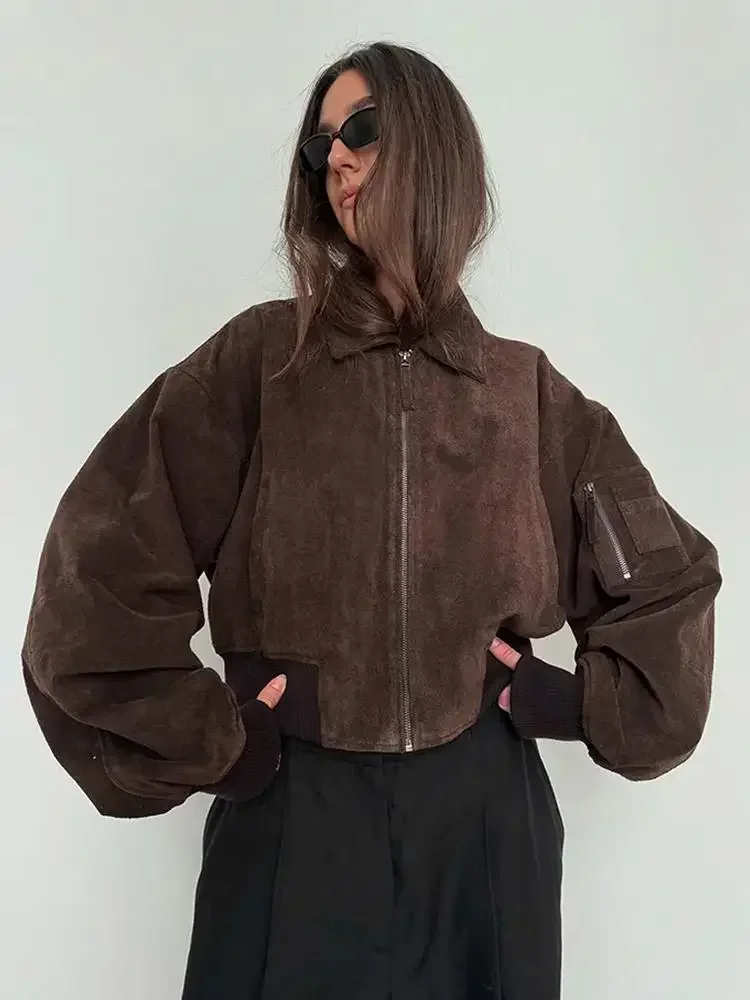 

Женское однотонное замшевое короткое пальто с лацканами и воротником-молнией, свободная верхняя одежда с длинными рукавами, новинка 2023 года, женские модные повседневные куртки Highstreet