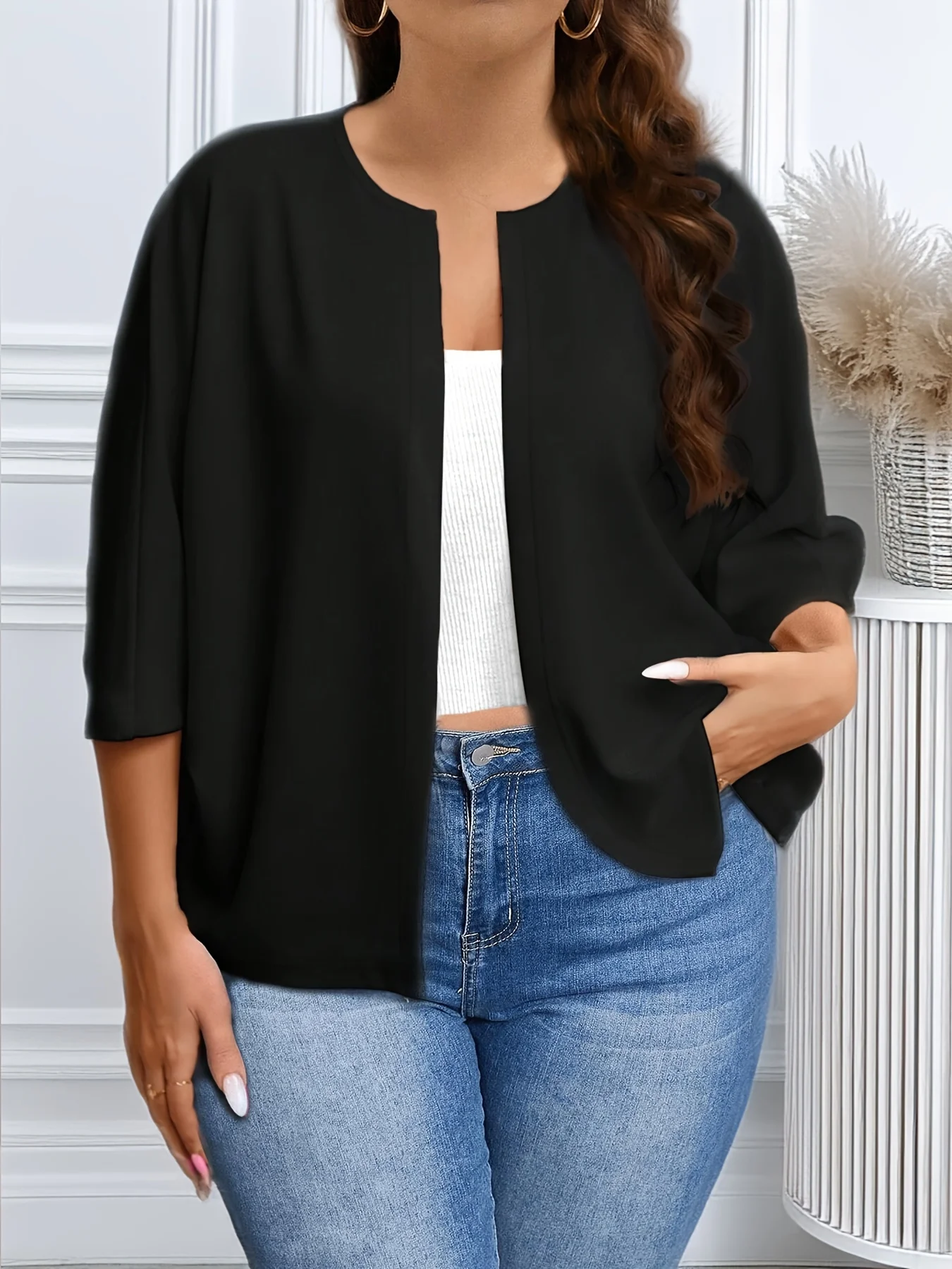 Damen-Cardigan in Übergröße, vorne offen, leicht, 3/4-Ärmel, lässig, lockere Passform, Strickwaren für den Alltag