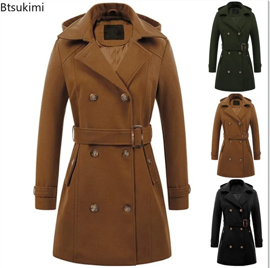 

Woman Hooded Jackets Mid-length Double-breasted Ladies Overcoats Woolen Lapel Turndown CollarTop Winter Warm Jacket Streetwear