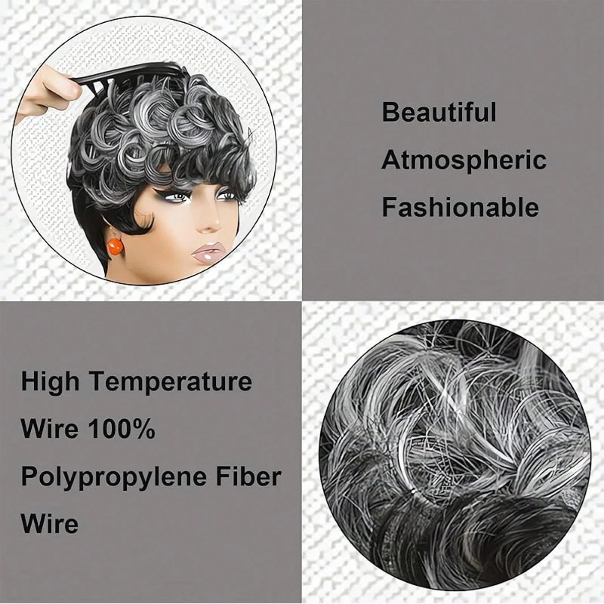 قصيرة عابث الباروكات قصيرة رمادي أسود مجعد عابث الباروكات الاصطناعية خصلات الشعر المستعار الطبيعي متموج رمادي أسود عابث قطع شعر مستعار قصير مجعد #3