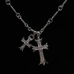 Double Vintage Zircon Cross Pendant White Gold Filled Party Wedding Pendants Chain Necklace For Women Men Chocker Jewelry Gift