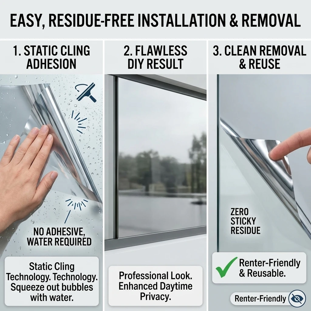 Static Cling One Way Mirror Window Film Double Silver Sun Heat Block Anti-UV Privacy Glass Sticker for Home No Glue Required
