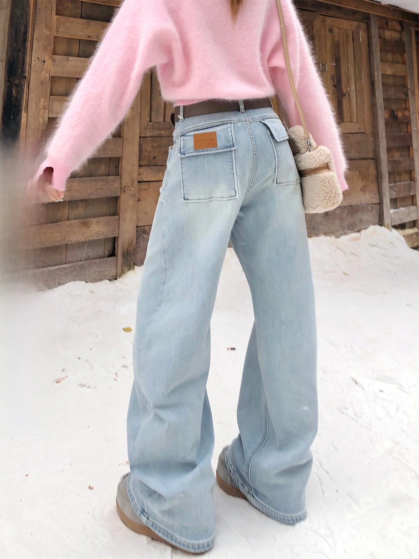 

Повседневные светло-голубые джинсы на флисовой подкладке для женщин, осенне-зимние прямые джинсы, облегающие брюки в пол, корейский стиль