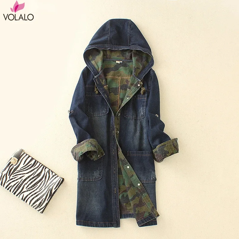 

VOLALO Single-breasted Long Denim Hooded Jacket Camouflage High Quality Women Denim Jacket Spell Color