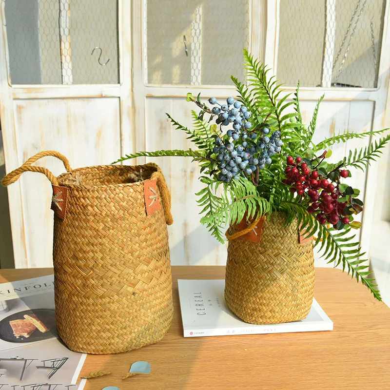 Flower Basket Straw Woven Portable Flower Pot Flower Barrel Wheat Ear Vase Barley Ornament Rattan Woven Basket Flower Pot