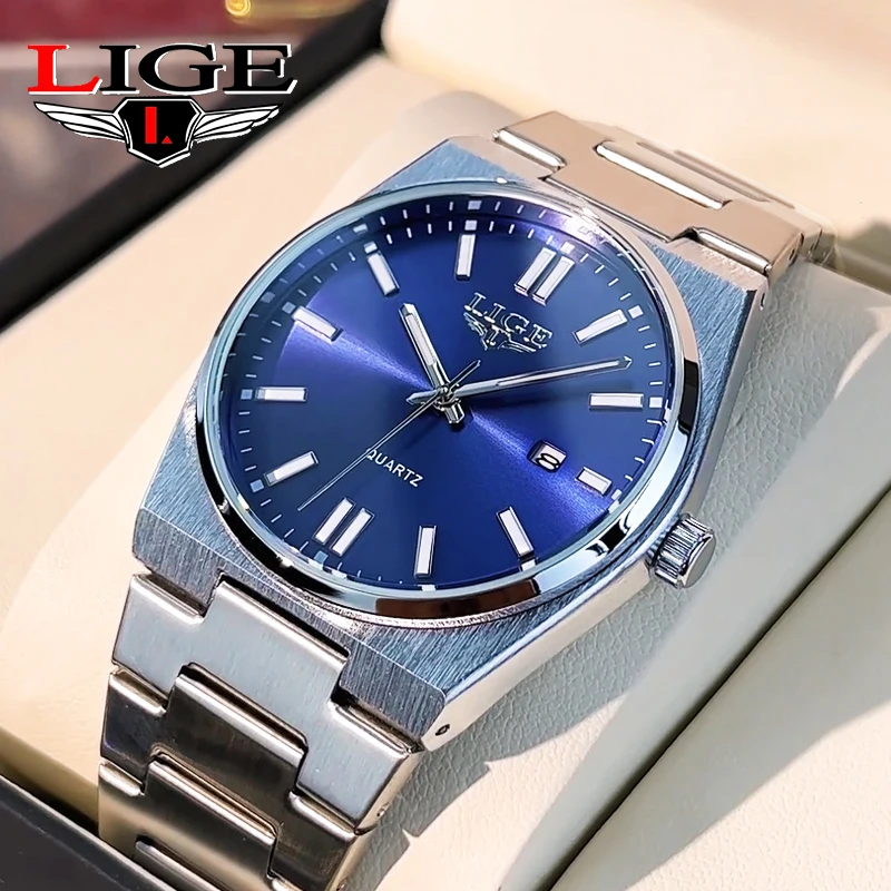 LIGE Fashion Mens Watch Outdoor Sports Business Stainless Steel Man Watch Luminous Blue Dial Calendar Quartz Watches for Men+Box