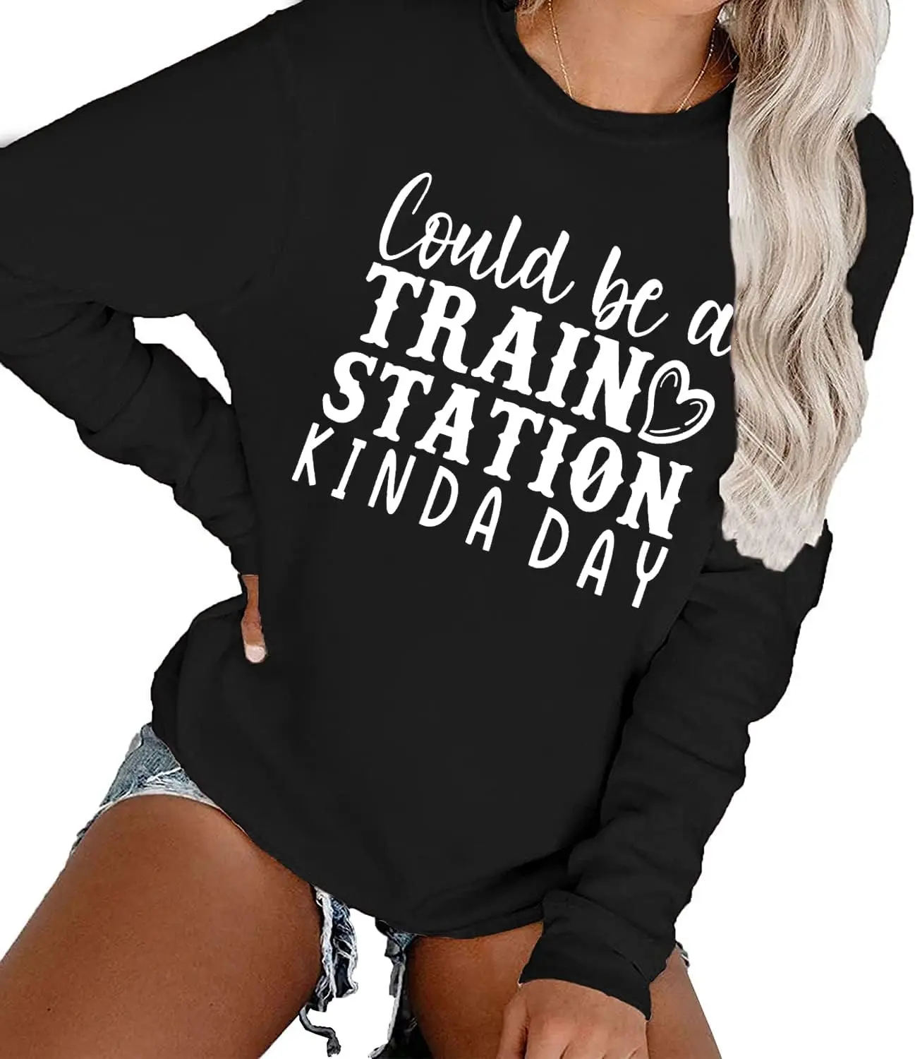 TOWNOWN Women Could Be A Train Station Kinda Day Sweatshirt Country Music T-Shirt Letter Print Long Sleeve Pullover Top Shirt