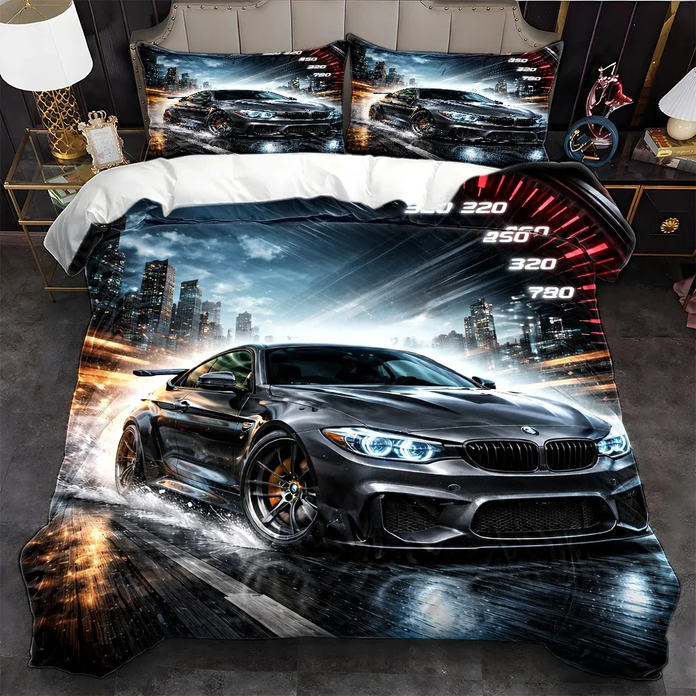 3Pc Car-Themed Duvet Cover Set, Three-Piece Bedding Set (1*Duvet Cover + 2*Pillowcases), Suitable for All Seasons, Machine Washable, Invisible Zipper Design, Suitable for Home, Dormitory, Master Bedroom, Guest Room, Large Double Bed Cover Bedding Set, Trendy Racing Elements Bedding, Quick-Drying, Breathable, Skin-Friendly Fabric, Personalized Cool Bedroom Decor, Specially Designed for Three-Piece Bedding Set with 2D Flat Print