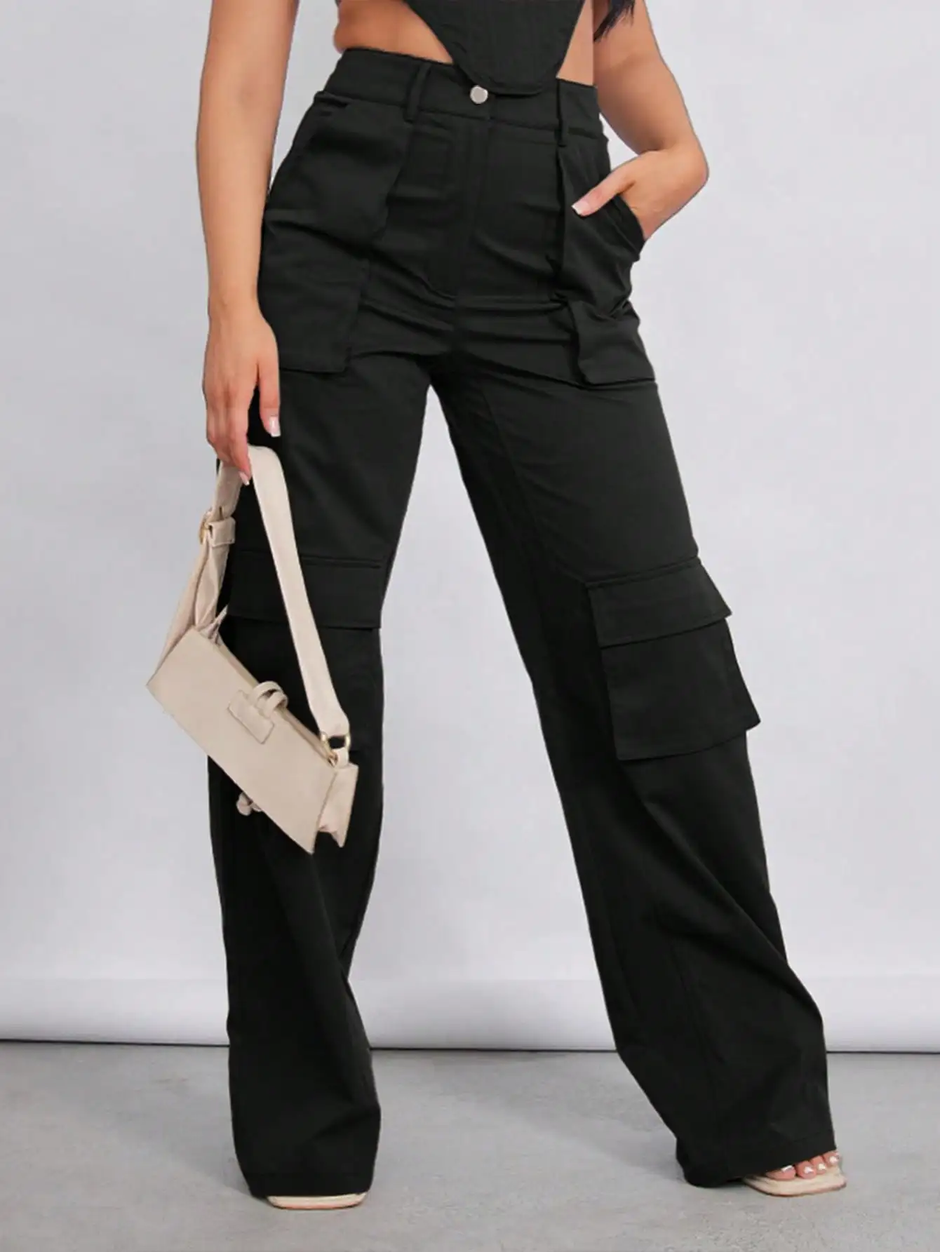 2025 Newest Women's Black Workers Pants Loose Waist Loose Y2k Straight Wide-leg Pants with Pockets Casual Streetwear