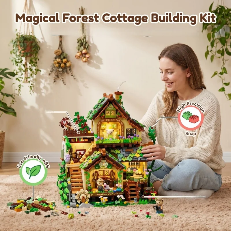 

Whimsical Forest Elf Cottage Building Blocks, Cozy Green House Model with Hidden Interior Details, Relaxing DIY Brick Set for St