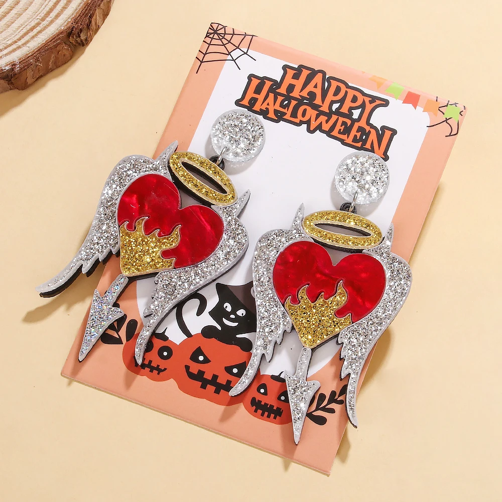 Cute Black Heart Wings Earrings Halloween Earrings For Women Dinosaur Pumpkin Black Skull Hand BOO Ghosts Acrylic Drop Earring