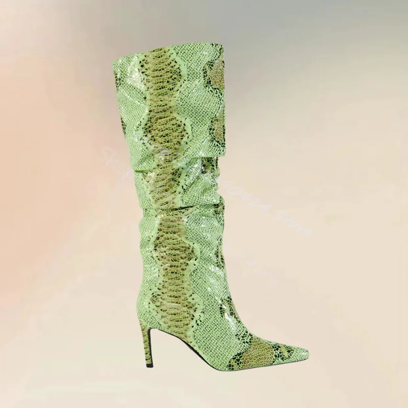 

Green Snakeskin Print Pointed Toe Runway Boots Slip On Women Shoes Thin High Heels Novel Party Banquet 2024 Zapatos Para Mujere