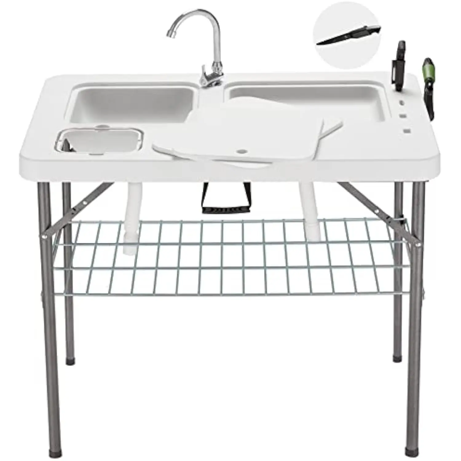 

37 Folding Fish Cleaning Table w/Double Sinks & Faucet, Outdoor Portable Fillet Station w/Grid Frame, Knife & Standard Garden S