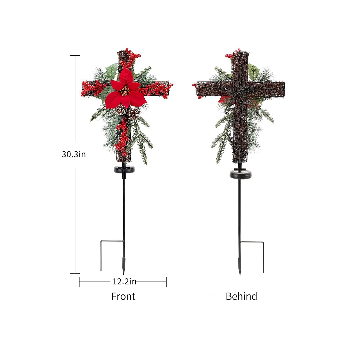 Christmas Stake, Solar Powered with Fairy Lights, Metal , Natural Rattan, Red Poinsettia & Berries