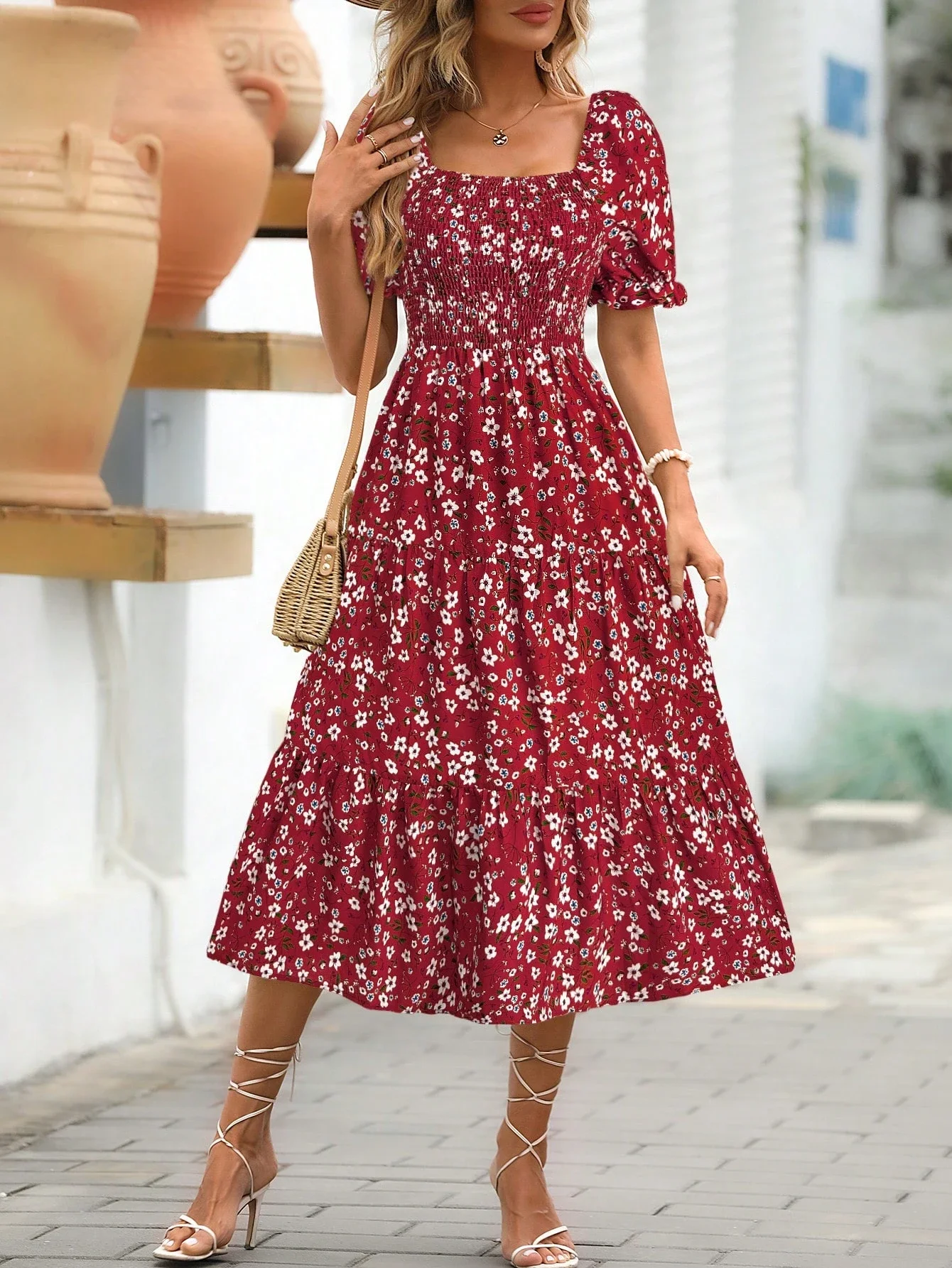 Floral Print Puff Sleeve Smocked Midi Dress For Women