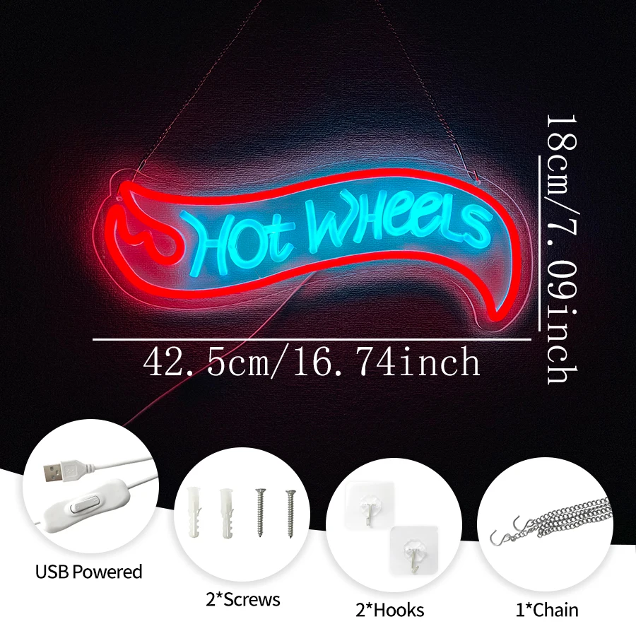 Hot Wheels Led Neon Sign, Racing Logo Icon Night Light, Usb Powered, Garage, Bedroom, Game Room, Workshop, Man Cave Decor.