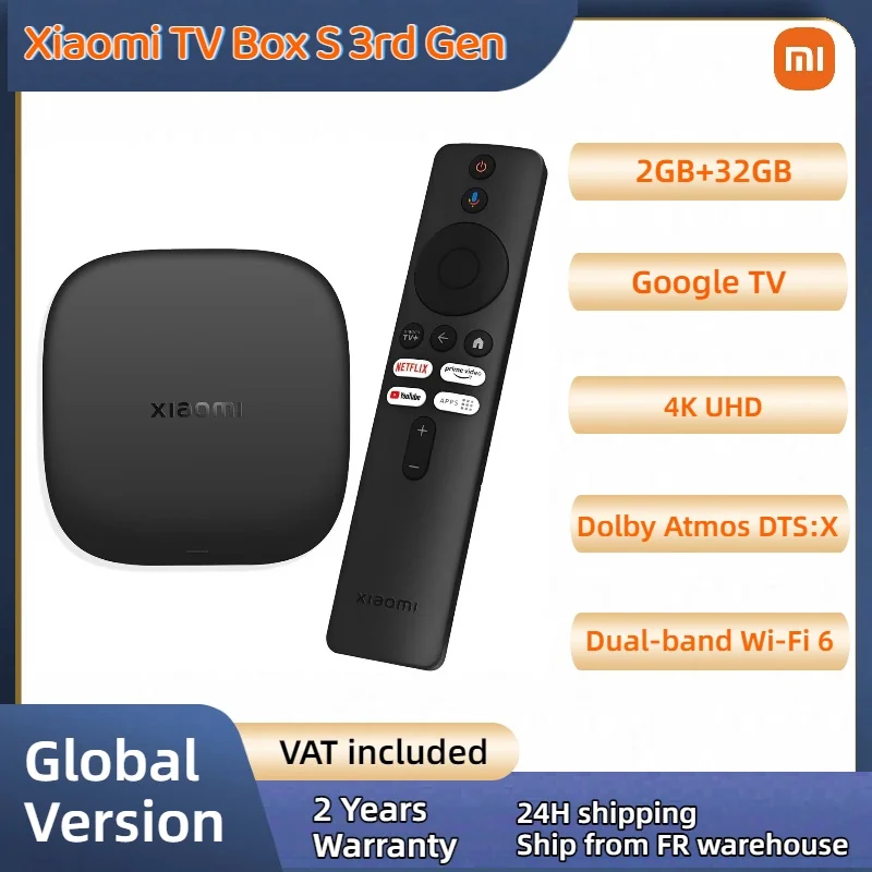 Nouvelle boîte TV intelligente Xiaomi TV Box S 3e génération, Android TV Box, Google TV, 2 Go + 32 Go, Google Assistant, Dolby Atmos & DTS:X, 4K UHD, Wi-Fi 6, BT5.2