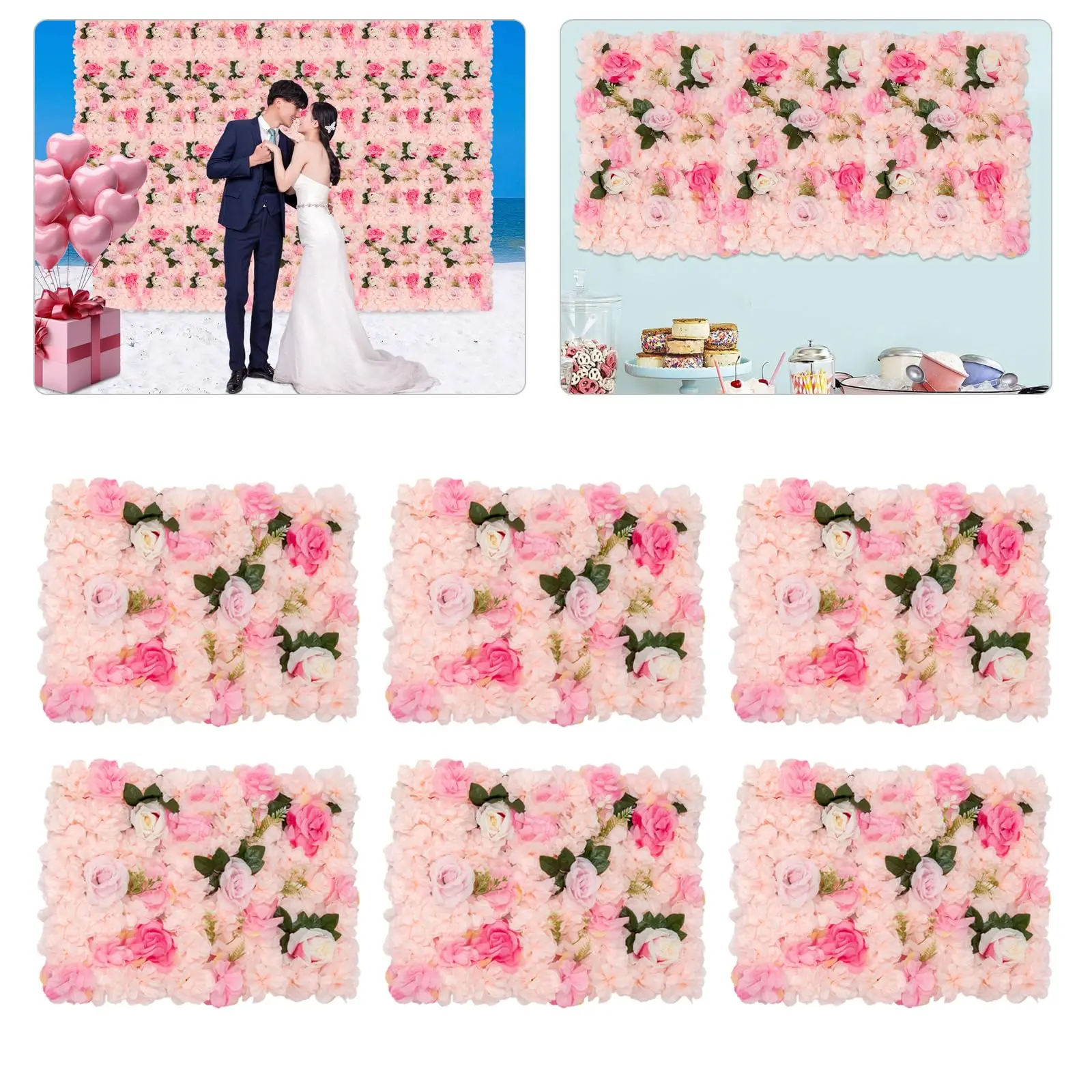 لوحة حائط على شكل زهرة خلفية زهرية، 6 قطع ديكور حائط على شكل زهرة، جدار وردي حريري مقاس 24 × 40.64 سم، خلفية جدار على شكل زهرة صناعية، تدفق صناعي