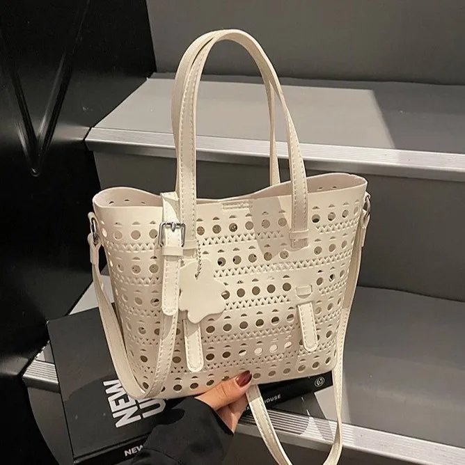 

​2025 Summer Openwork Bucket Tote - Large Capacity Adjustable Crossbody, Boho Raffia Beach Purse & Lightweight Vacation Chic