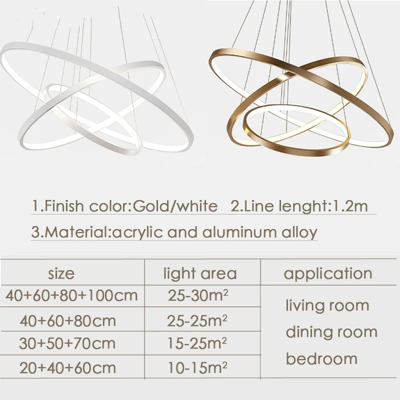 Gold/Black/White Ceiling Pendant Lights for Living Room 4/3/2/1 Circle Ring Acrylic Aluminum-ware Body LED Lighting Lamp fixture