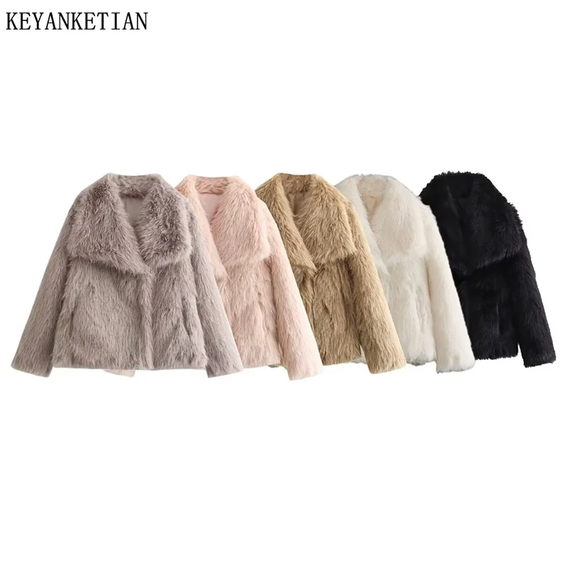 KEYANKETIAN 2024 Winter New Women's Faux fur short jacket Stylish Luxury Covered Button Loose Thick Warm Greatcoat Crop Top Coat