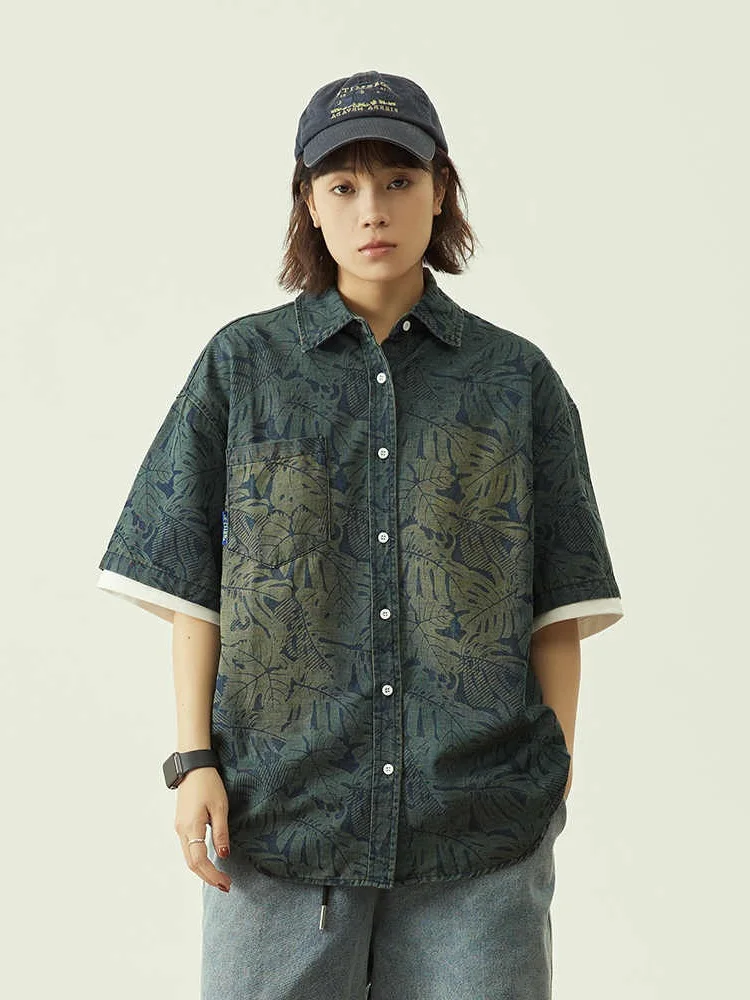 

Летняя винтажная свободная рубашка из денима синего цвета с принтом, повседневный топ, модная рубашка с коротким рукавом и отложным воротником, молодежный стиль