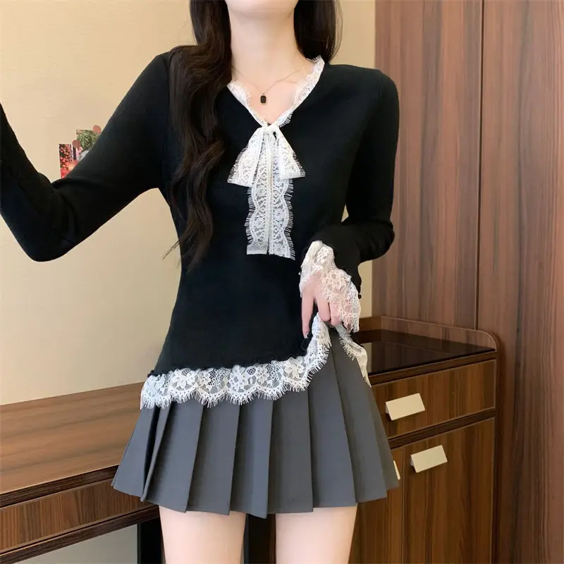 Модный французский темпераментный кружевной свитер с бантом, женский осенне-зимний тонкий базовый свитер с длинными рукавами